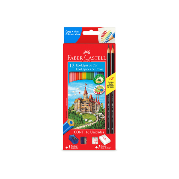 LAPICES DE 12 COLORES LARGOS FABER CASTELL + GOMA + SACAPUNTAS + LAPIZ GRAFITO